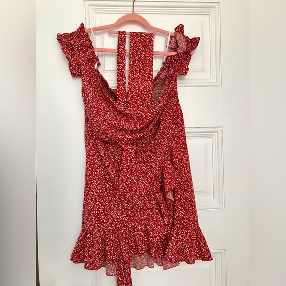 Red Off Shoulder Tie Front Cutout Shirred Back Bardot Ruffle Hem Dress - Picture 8 of 13